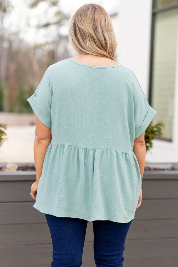 Chic Soul plus size clothing, aloe green v neck short sleeve babydoll casual top