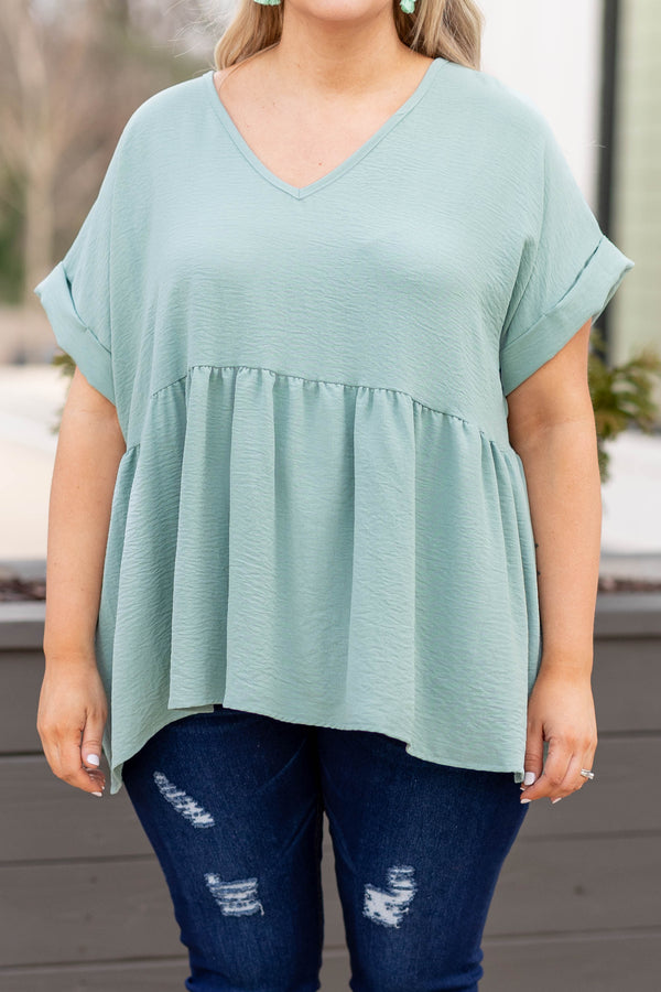Chic Soul plus size clothing, aloe green v neck short sleeve babydoll casual top