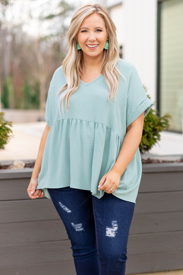 Chic Soul plus size clothing, aloe green v neck short sleeve babydoll casual top