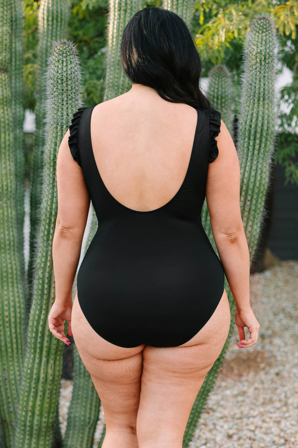 Chic Soul plus size clothing, black one piece swimsuit with ruffle sleeves