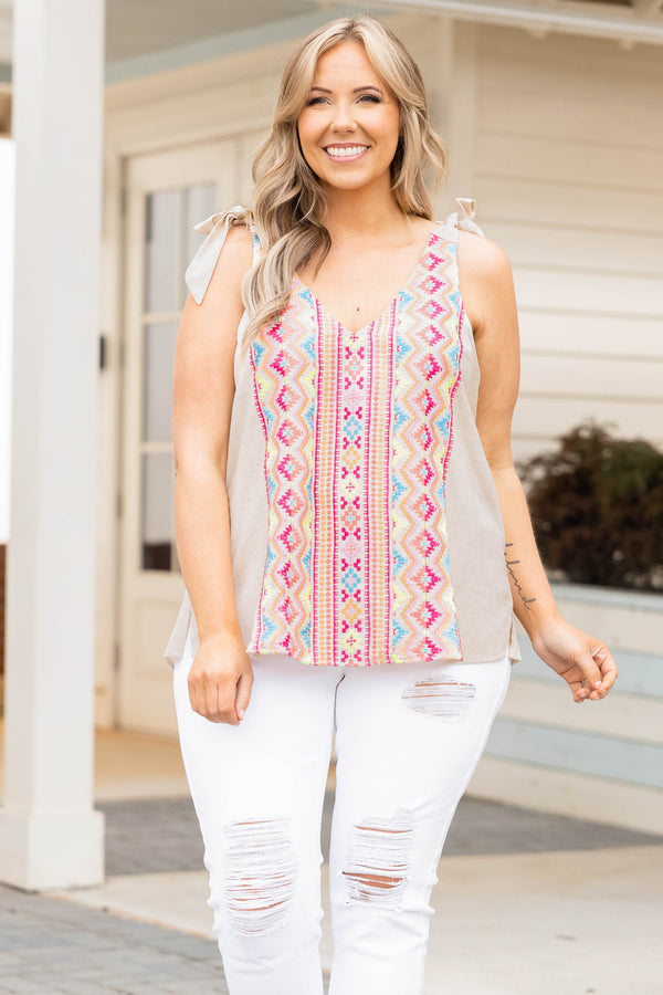 Chic Soul plus size clothing, natural tan colored top with multicolor aztec pattern and shoulder ties