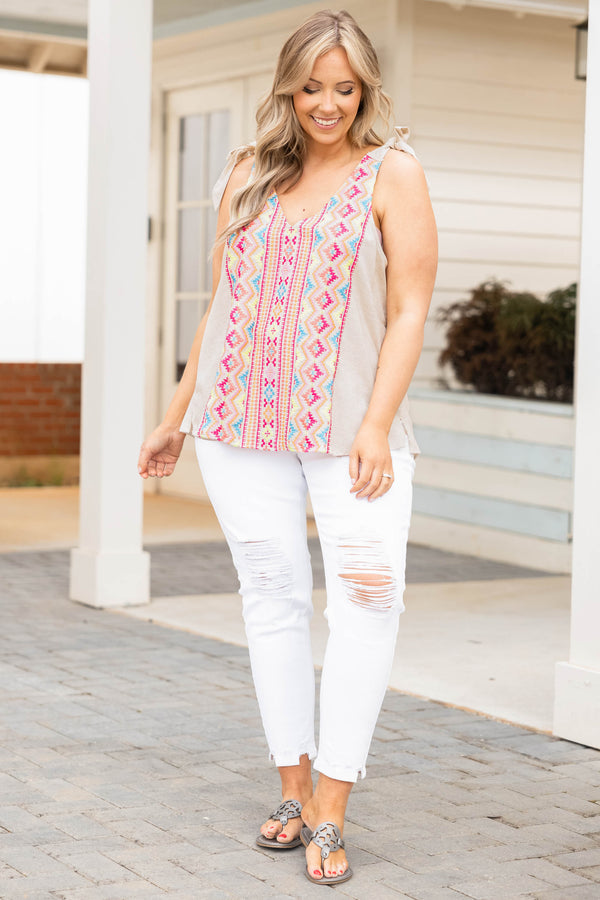 Chic Soul plus size clothing, natural tan colored top with multicolor aztec pattern and shoulder ties