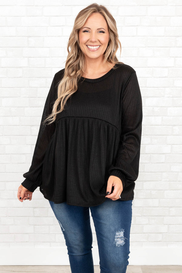 Chic Soul plus size clothing, black long sleeves baby doll style top