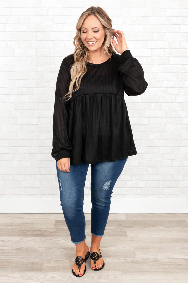 Chic Soul plus size clothing, black long sleeves baby doll style top