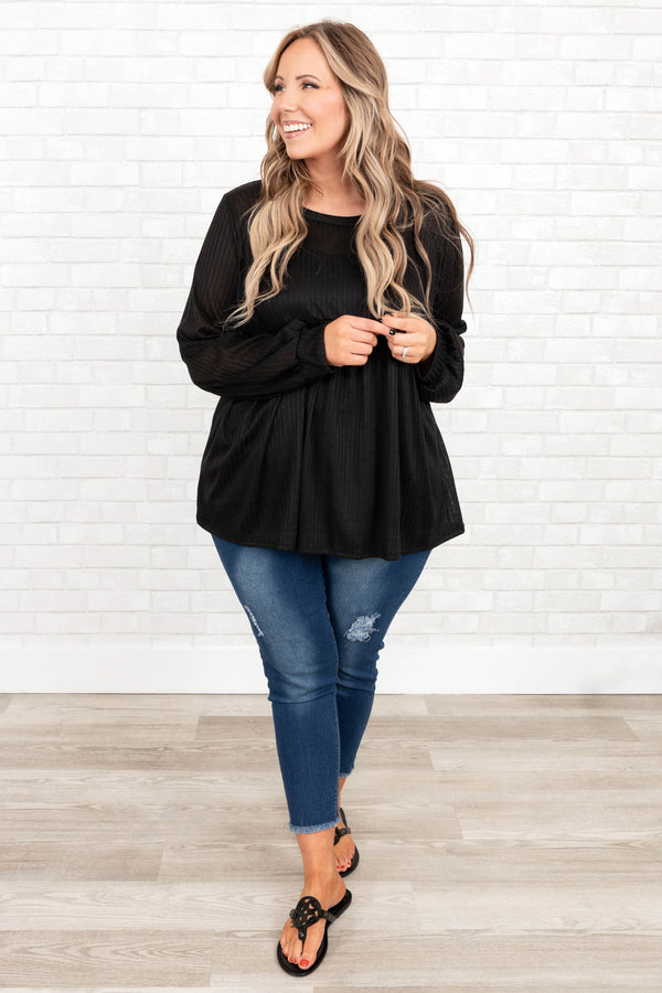 Chic Soul plus size clothing, black long sleeves baby doll style top