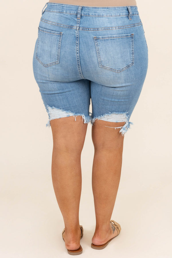 Chic Soul plus size clothing, light wash high waisted mid length distressed denim shorts