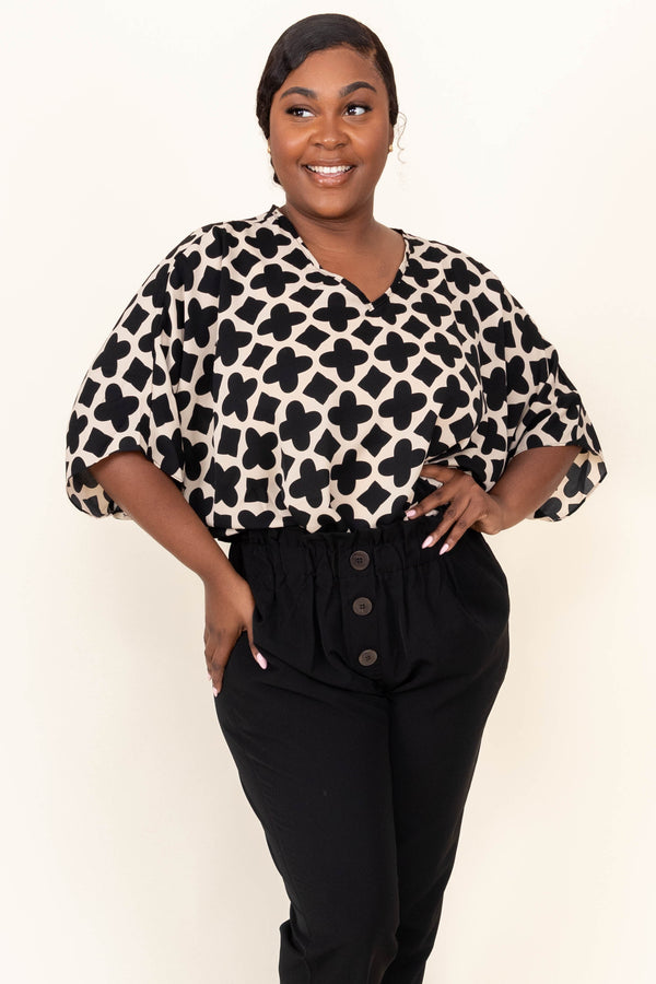 Chic Soul plus size clothing, black and taupe dressy top