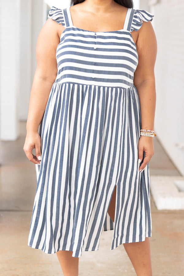Chic Soul plus size clothing, denim and white striped dress with flutter sleeves