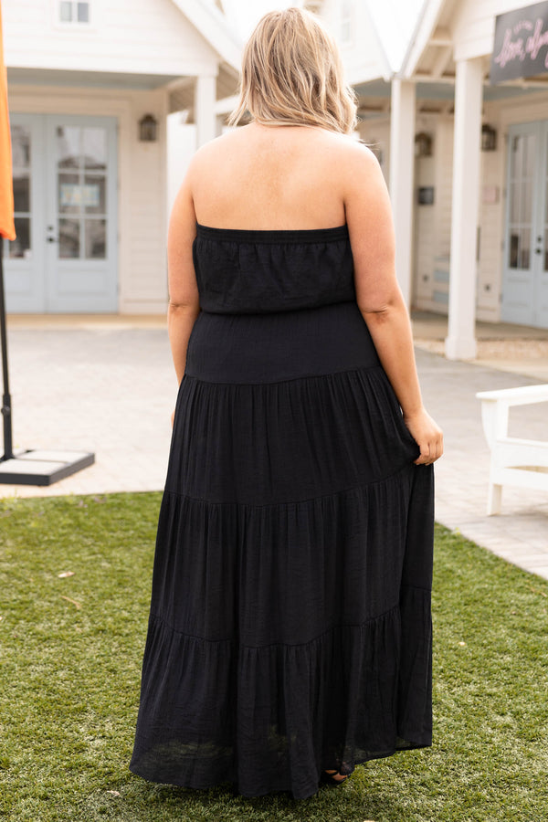 Chic Soul plus size clothing, black strapless belted casual babydoll maxi dress
