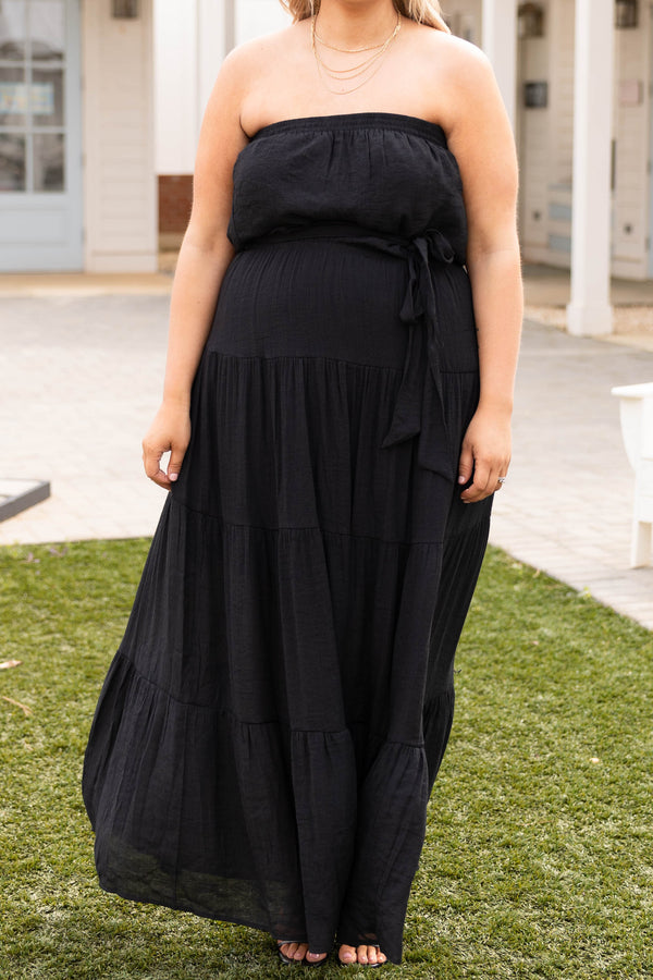 Chic Soul plus size clothing, black strapless belted casual babydoll maxi dress
