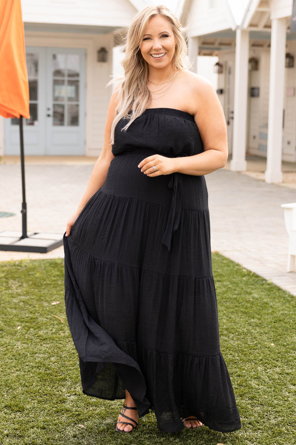 Chic Soul plus size clothing, black strapless belted casual babydoll maxi dress