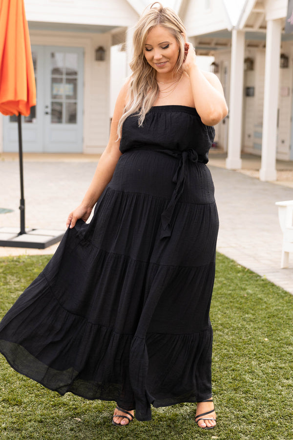 Chic Soul plus size clothing, black strapless belted casual babydoll maxi dress