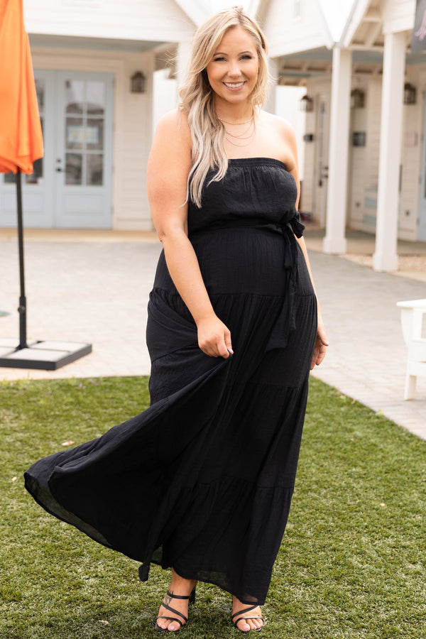 Chic Soul plus size clothing, black strapless belted casual babydoll maxi dress